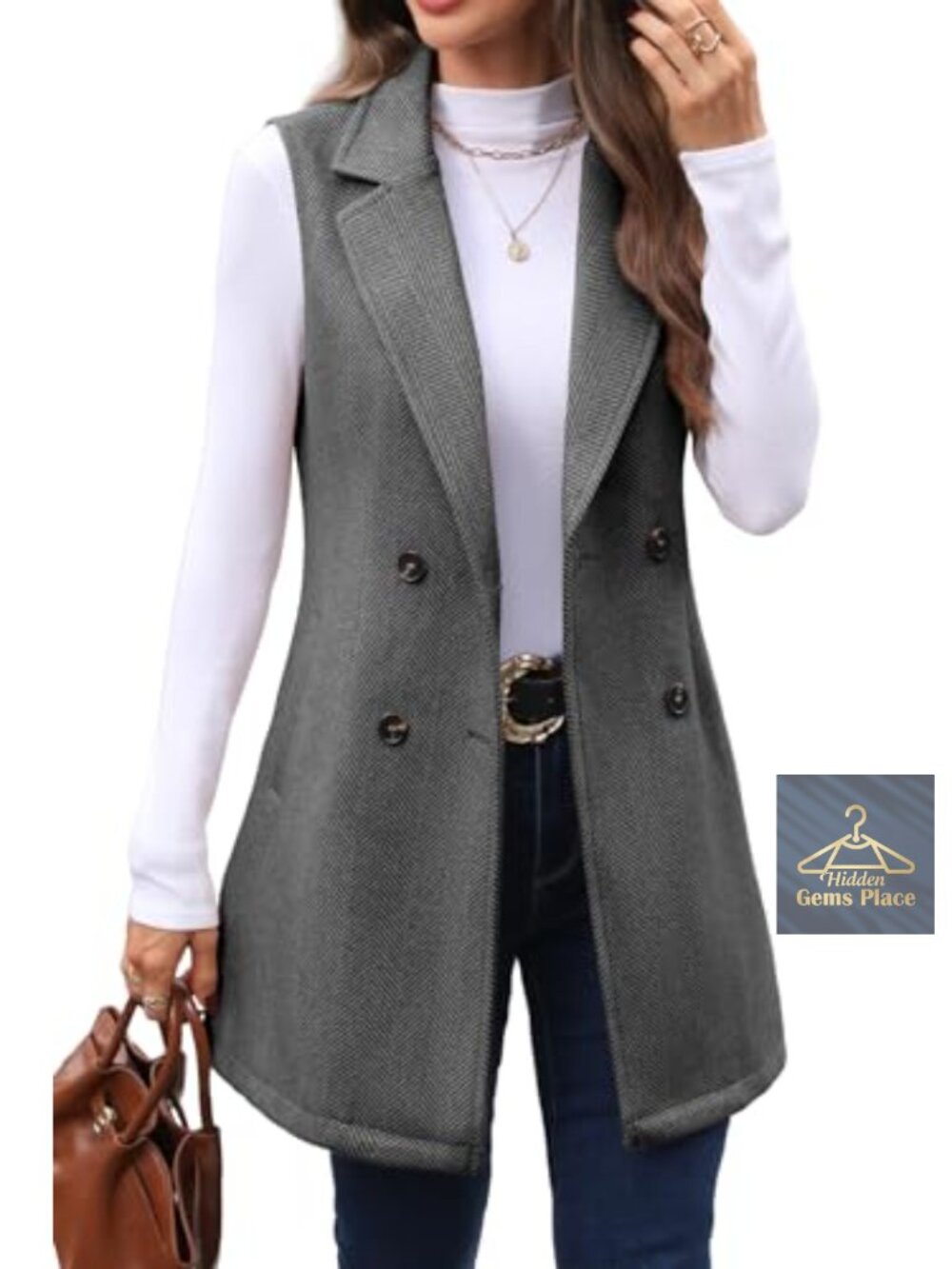 Women's Long Tweed Vest Herringbone Double-Breasted Notch Lapel Sleeveless